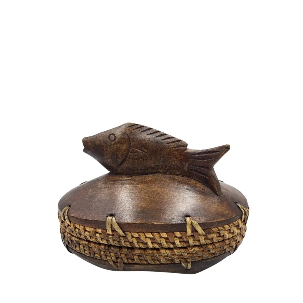 Vintage Wooden Rattan Trim Footed Trinket Box Hand Carved Fish Hinged Wicker Lid